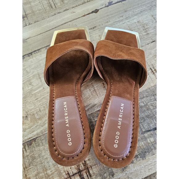 Good American THE STANDOUT Square Toe Mule Sandal Suede Tobacco Size 7 - Picture 5 of 11